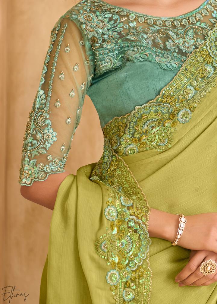 Spring Lime Delicate Vine Satin Chiffon Saree
