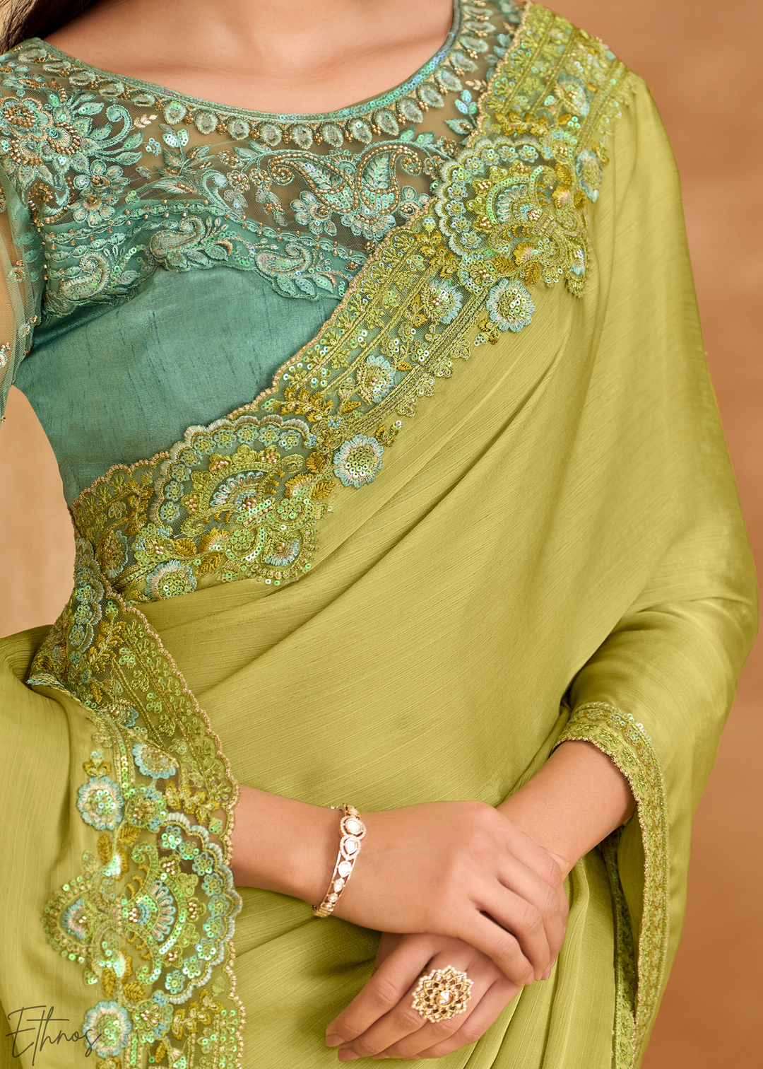 Spring Lime Delicate Vine Satin Chiffon Saree