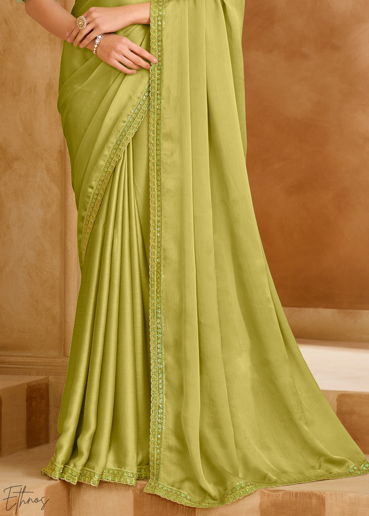 Spring Lime Delicate Vine Satin Chiffon Saree