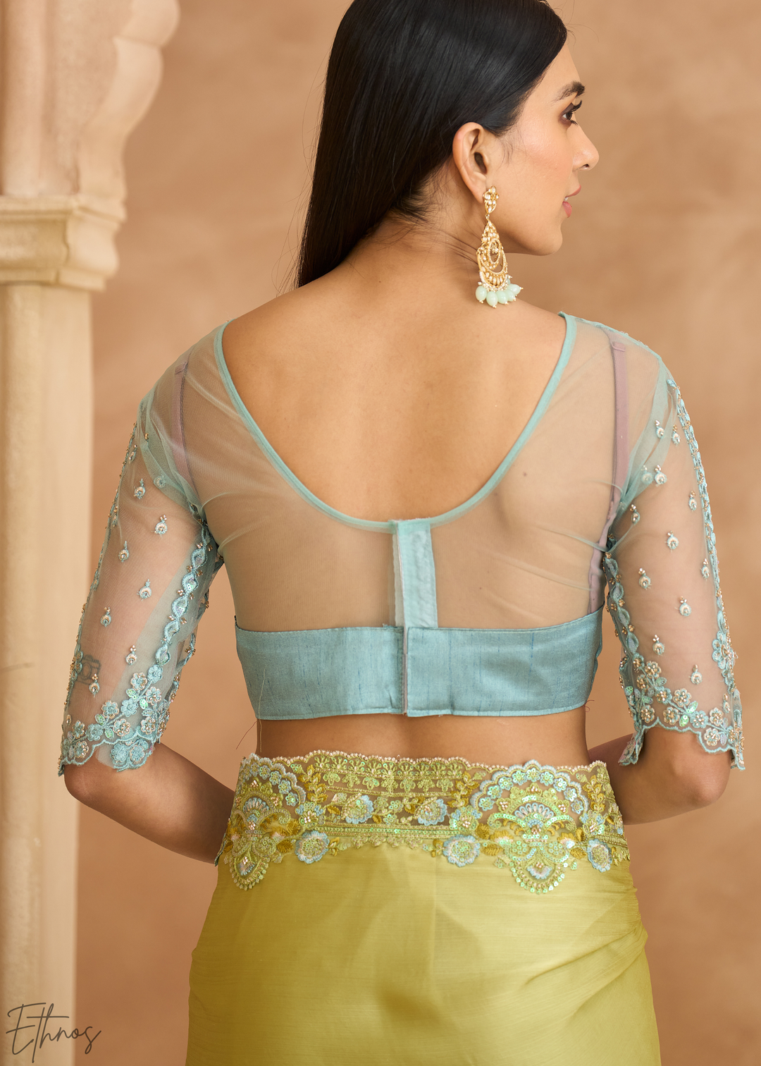 Spring Lime Delicate Vine Satin Chiffon Saree