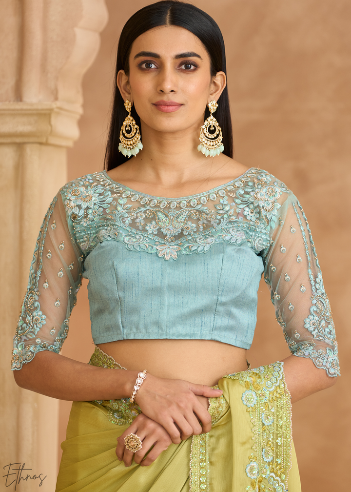 Spring Lime Delicate Vine Satin Chiffon Saree