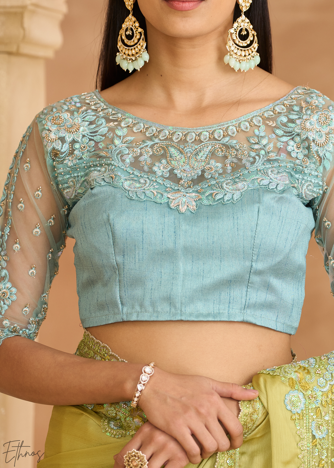 Spring Lime Delicate Vine Satin Chiffon Saree