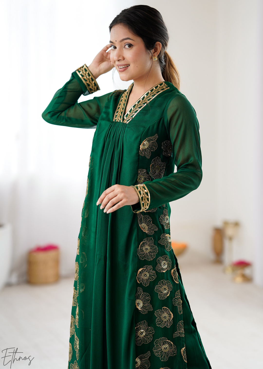 Elegant Emerald Green Embroidered Georgette Kurta Set