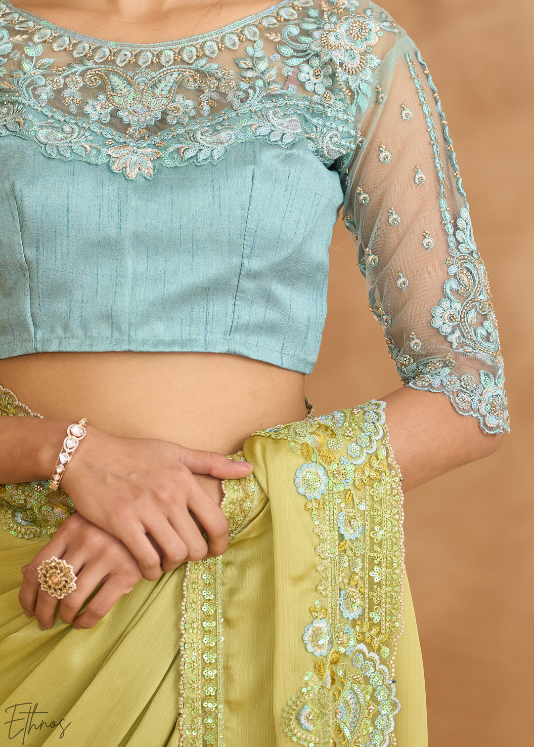 Spring Lime Delicate Vine Satin Chiffon Saree