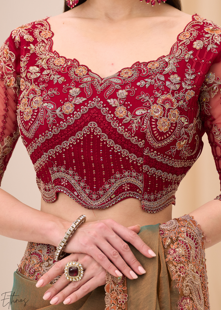 Olive Bronze Earthy Two-Tone Georgette Saree