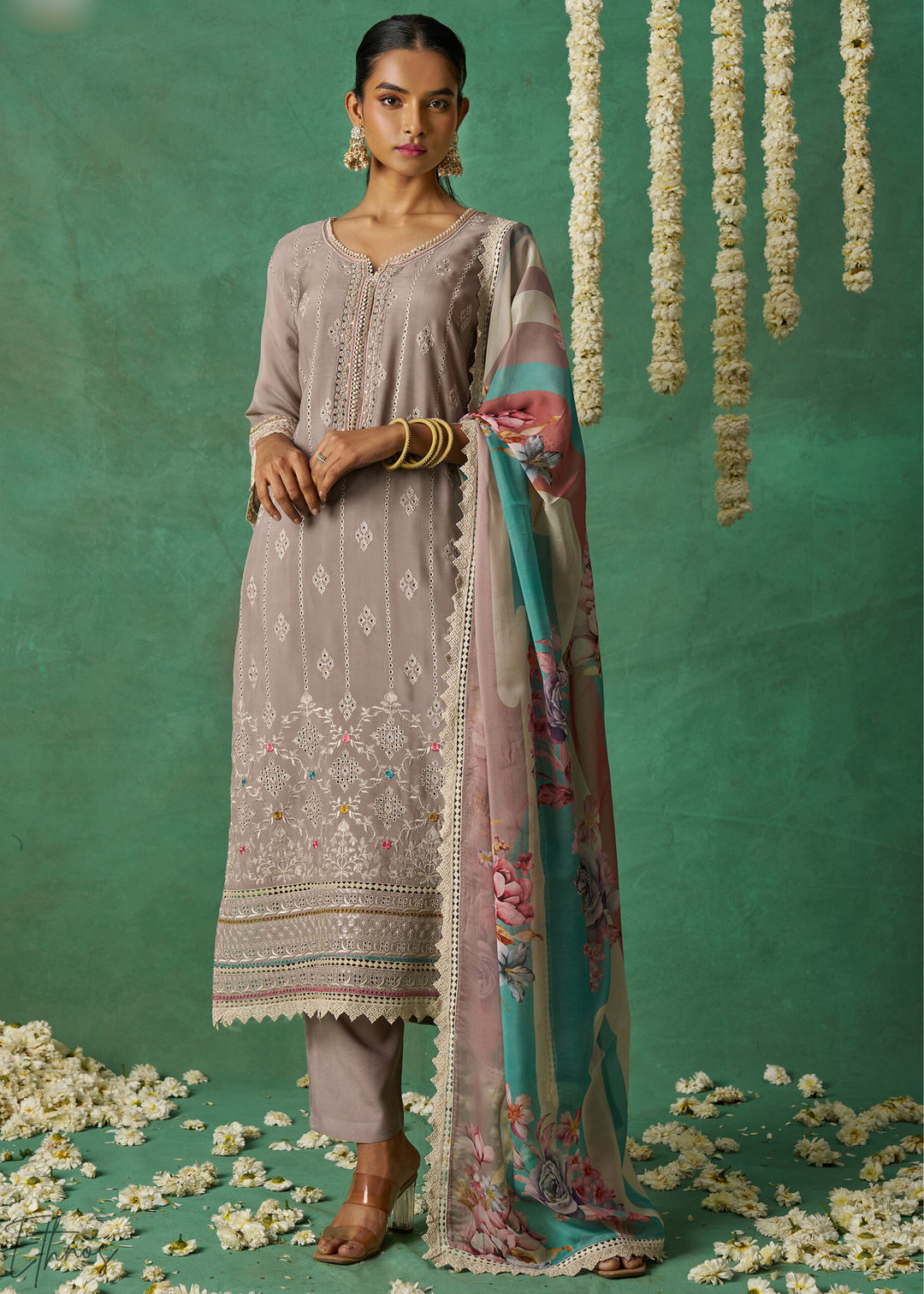 Lavendar Floral Organza Palazzo Suit