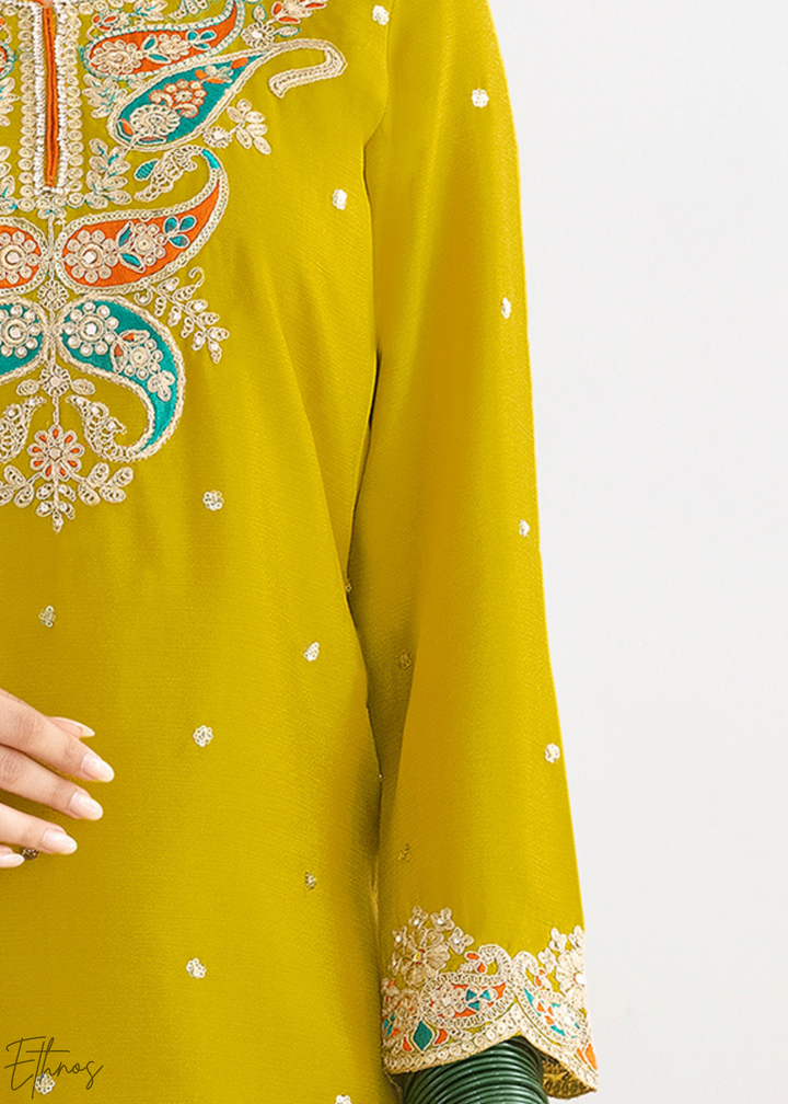 Olive Green Appliqué Chinon Sharara Suit