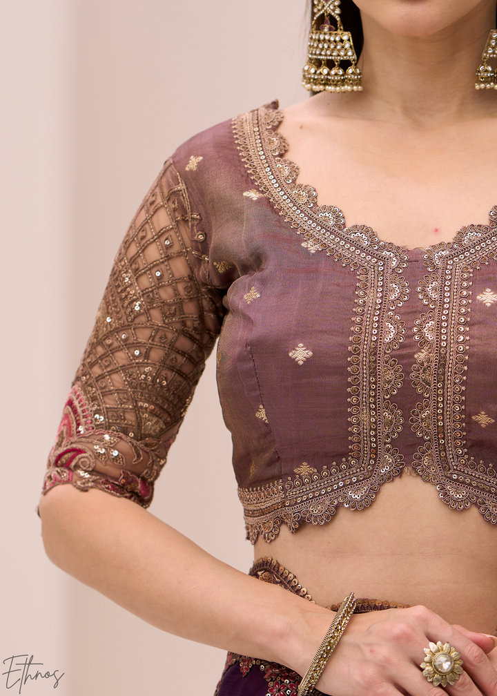 Royal Plum Heavy Embellished Satin Chiffon Saree