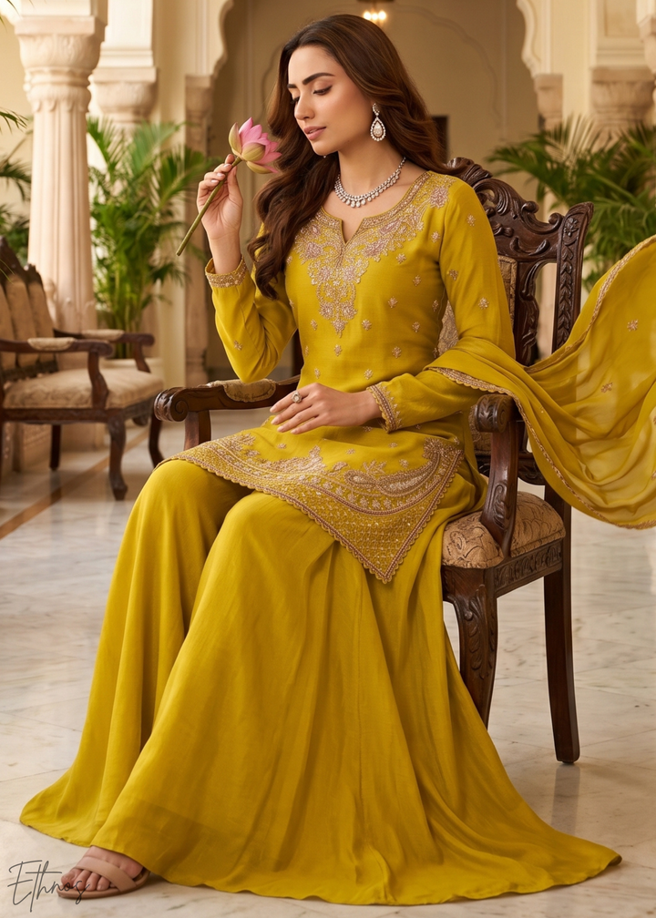 Mustard Yellow Regal-Embroidered Chinon Sharara Suit