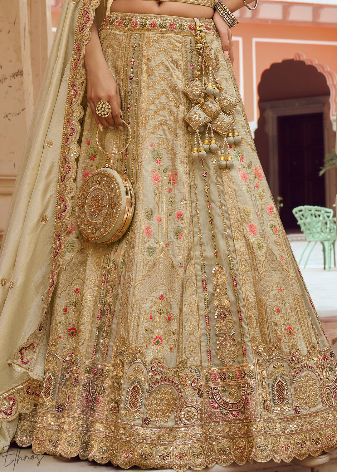 Cream Beige Paisley Weave Banarasi Silk Lehenga Choli