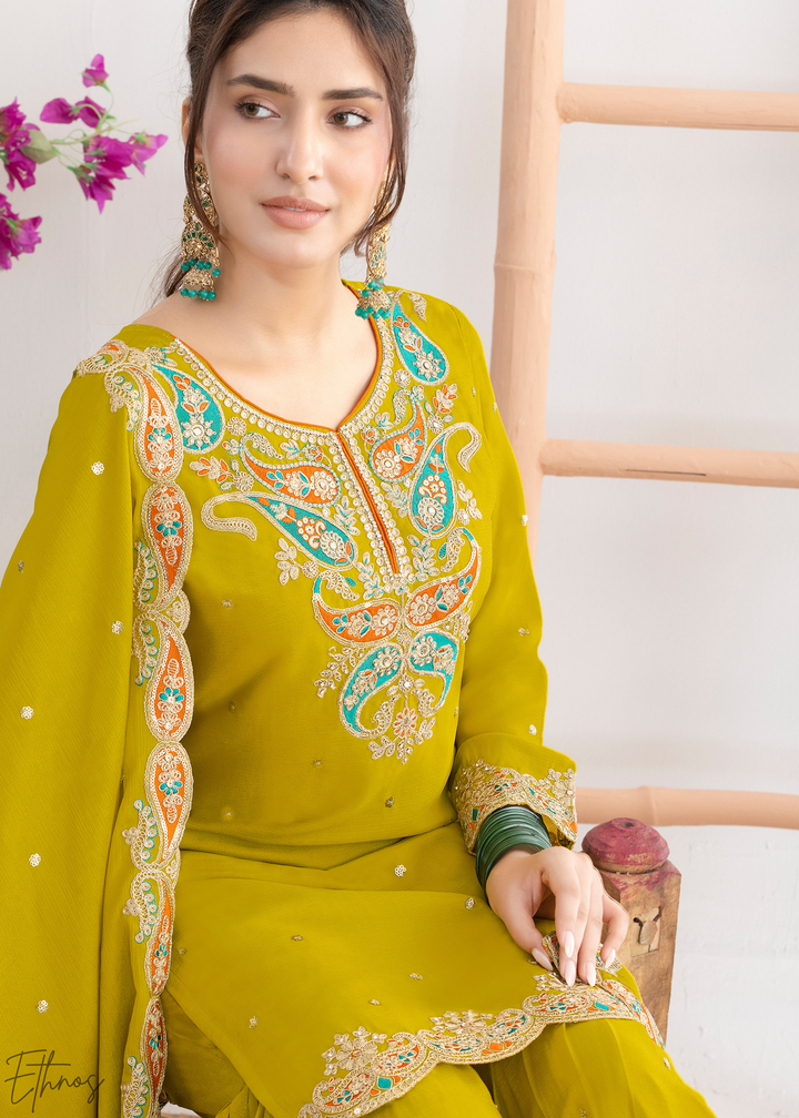 Olive Green Appliqué Chinon Sharara Suit