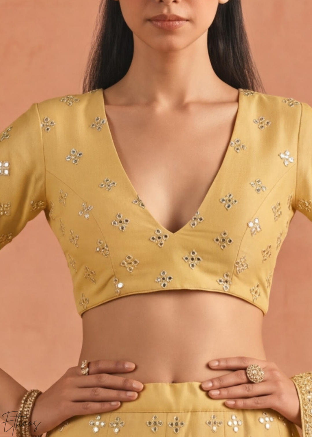 Honey Mustard Diamond Mirror Embellished Organza Lehenga Choli
