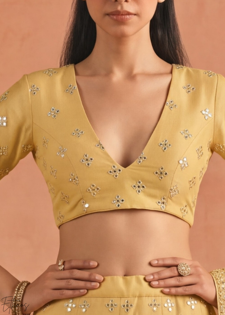 Honey Mustard Diamond Mirror Embellished Organza Lehenga Choli