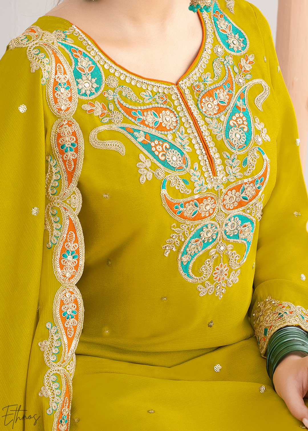 Olive Green Appliqué Chinon Sharara Suit