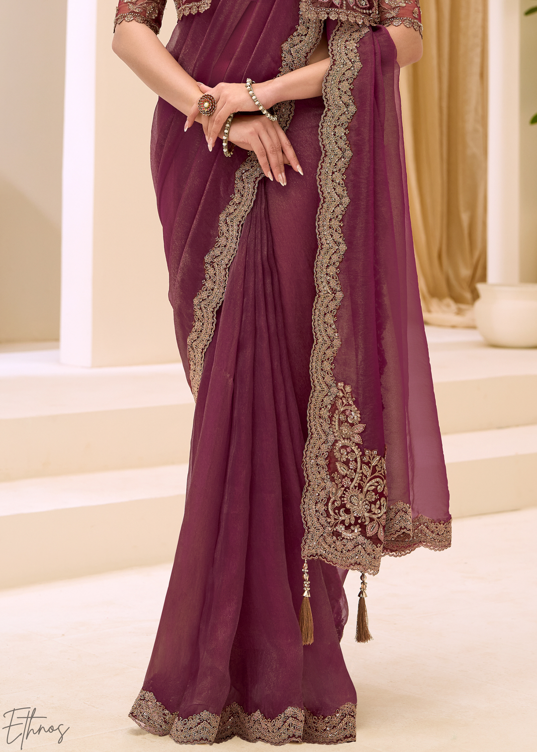 Plum Purple Vine Embroidered Tissue Georgette Saree