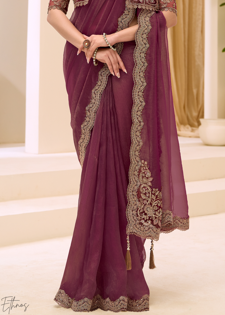 Plum Purple Vine Embroidered Tissue Georgette Saree