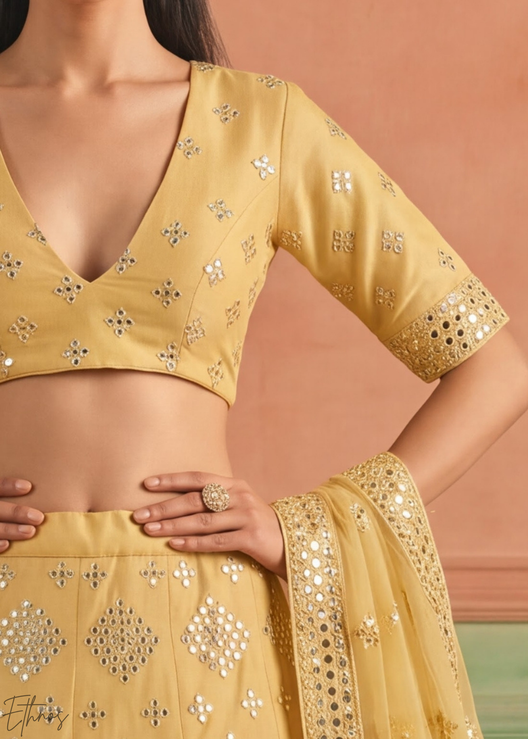 Honey Mustard Diamond Mirror Embellished Organza Lehenga Choli