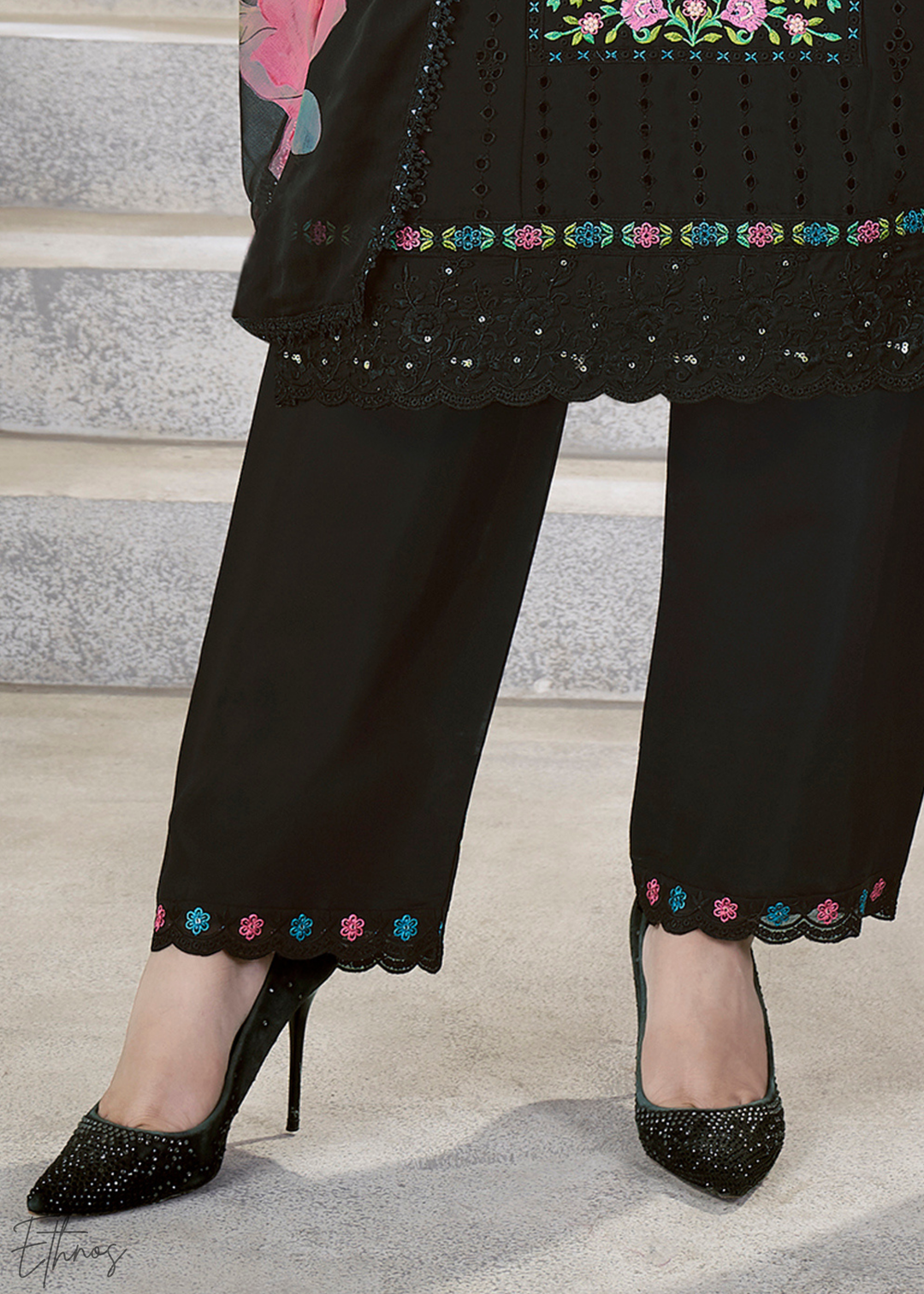 Black Embellished Flora Silk Palazzo Suit