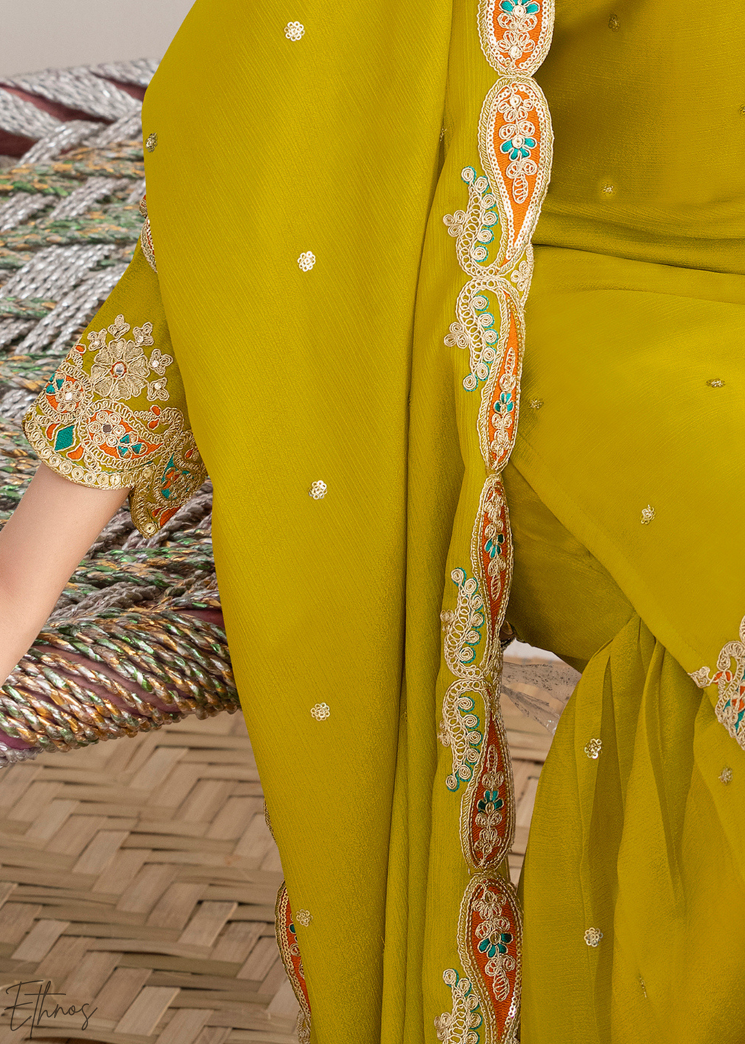 Olive Green Appliqué Chinon Sharara Suit