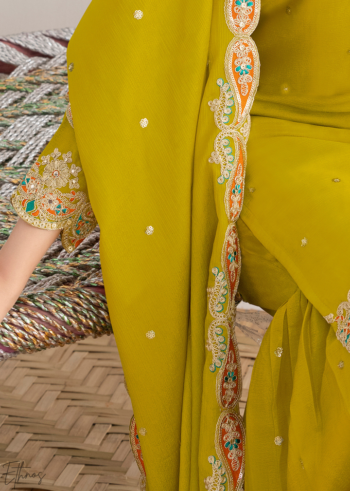 Olive Green Appliqué Chinon Sharara Suit