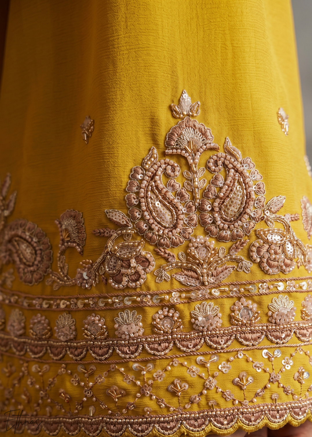 Mustard Yellow Regal-Embroidered Chinon Sharara Suit