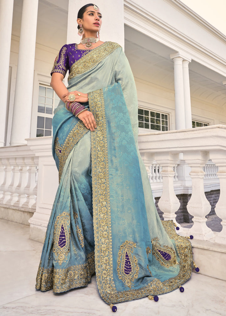 Grey - Blue Natural Crape Jaquard Saree with Jari Work