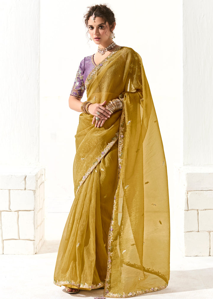 Saffron Yellow Organza Tissue Silk Saree