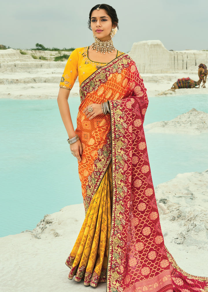 Yellow & Orange Georgette Bandhej Saree With Moti & Cut-Dana Handwork Border