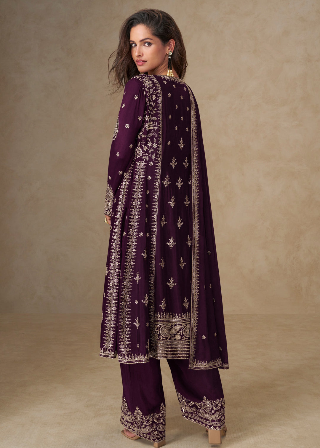 Dark Purple Chinon Silk Suit With Embroidery Work
