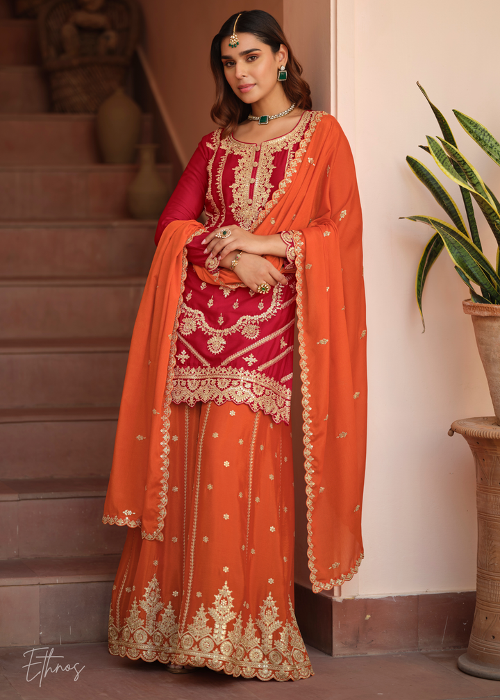 Rust Red And Burnt Orange Silk Salwar Suit