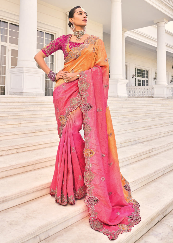 Orange - Rani Natural Crape Jaquard Saree With Jari Work