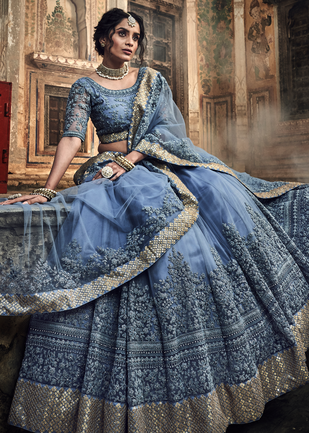Cornflower Blue Soft Net Lehenga Choli with Dori & Zarkan work
