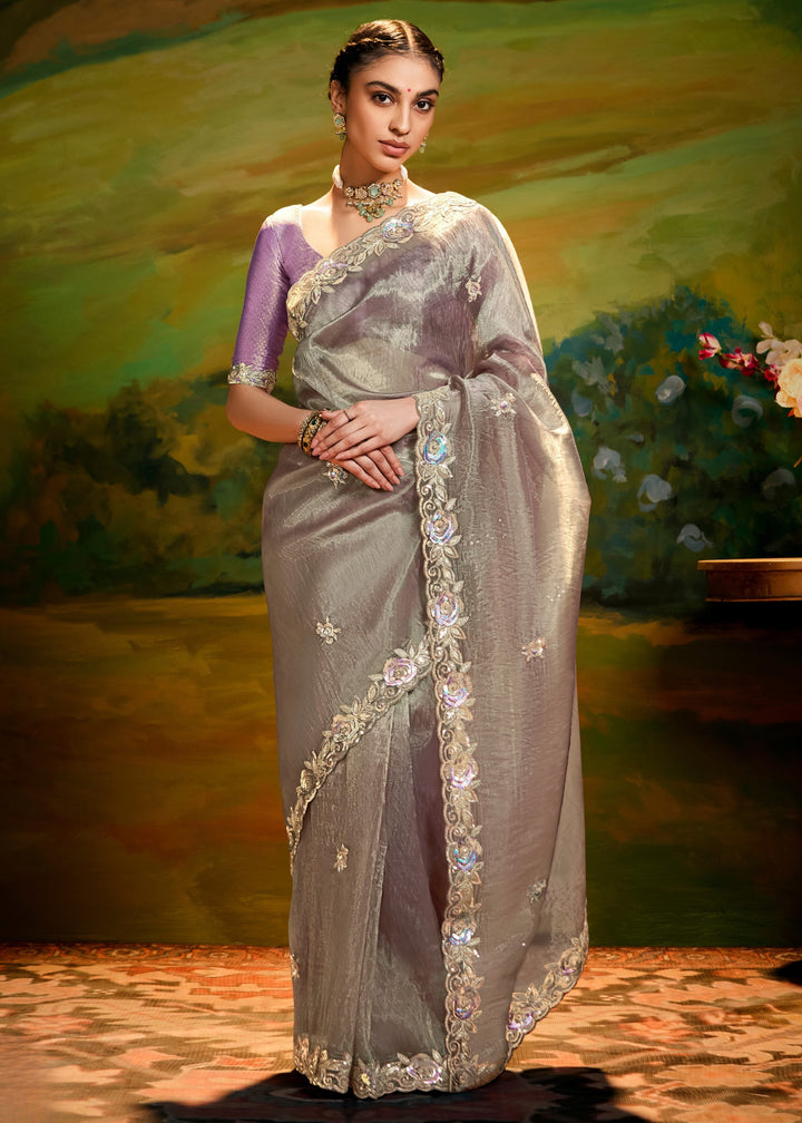 Flint Grey Saree With Embroidery And Handwork Designer Cut Border
