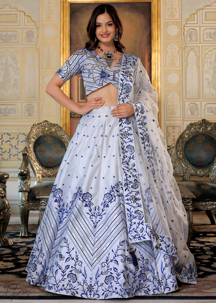 Ice Blue Satin Silk Lehenga Choli
