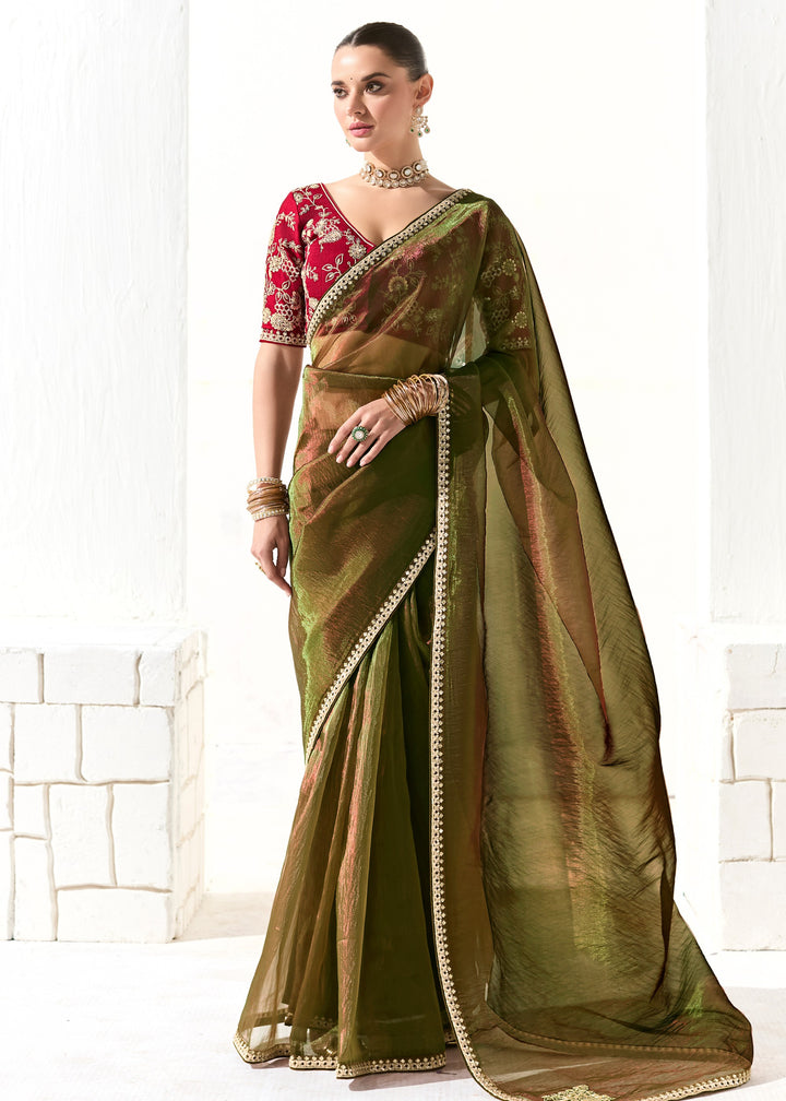 Army Green Organza Tissue Silk Saree With Heavy Work Border And Designer Blouse