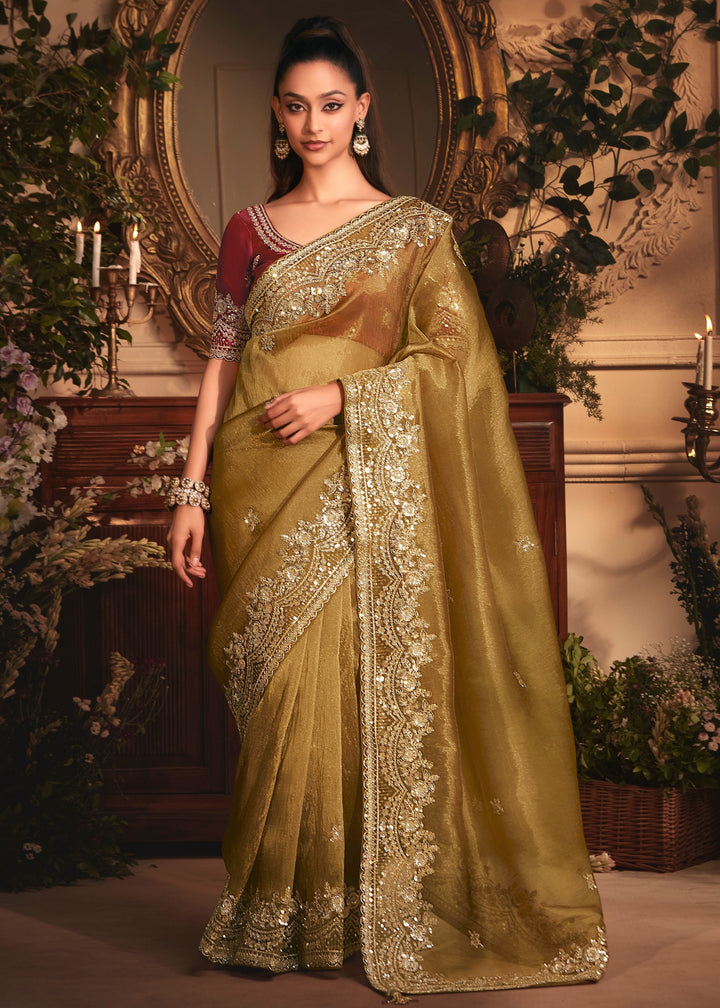 Olive Green Tissue Organza Saree With Heavy Embroidery