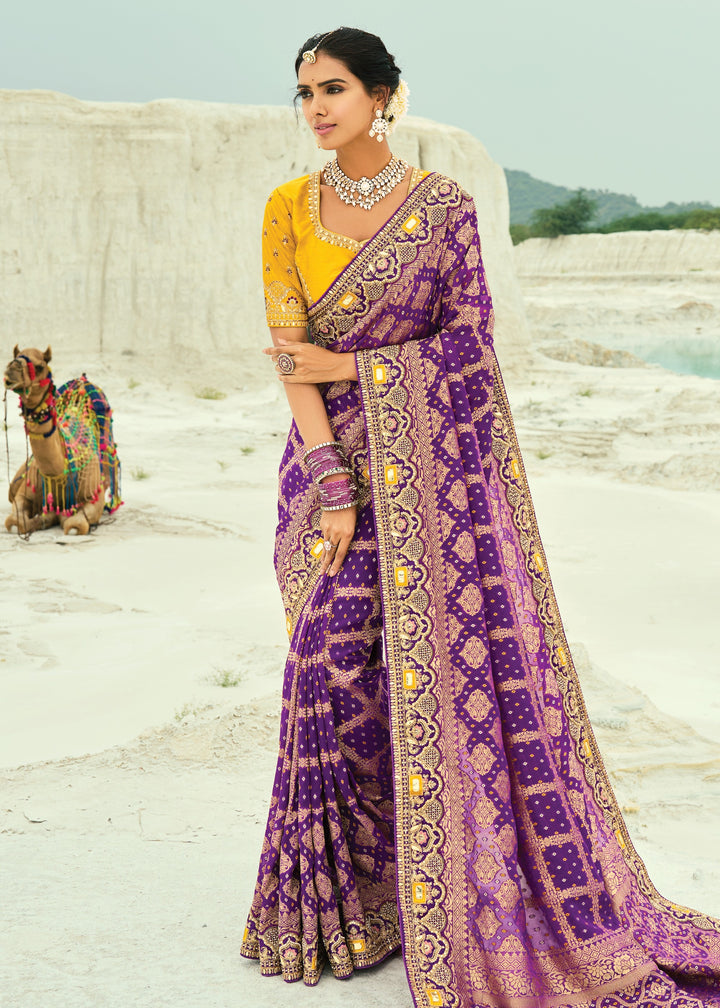 Indigo Purple Georgette Bandhej Saree With Moti & Cut-Dana Handwork Border