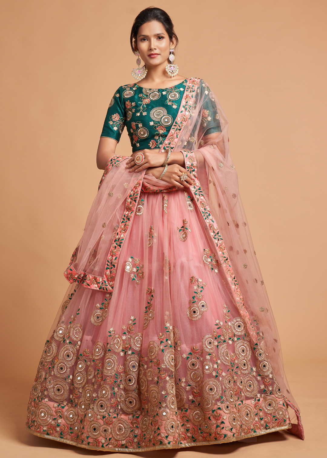 Grapefruit Pink Designer Soft Net Lehenga Choli with Zari, Dori, Thread & Sequins Embroidery work