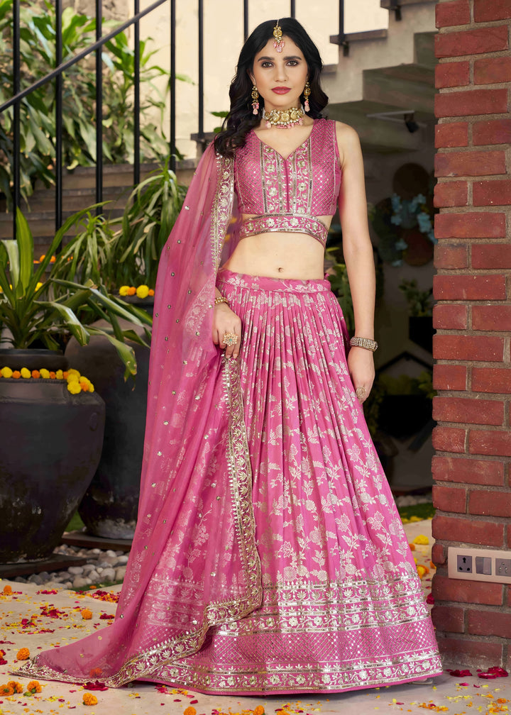 Pink Sequins and Zari Embroidery Work Silk Lehenga