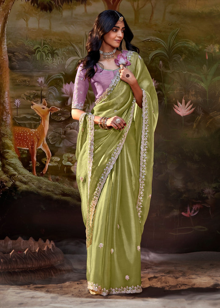 Lavender And Olive Green Saree With Embroidery And Handwork Designer Cut Border
