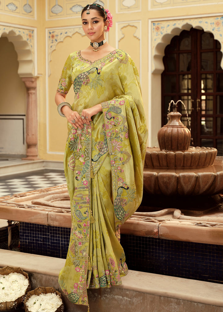 Lime Green with Multicolor floral embroidery Silk Saree