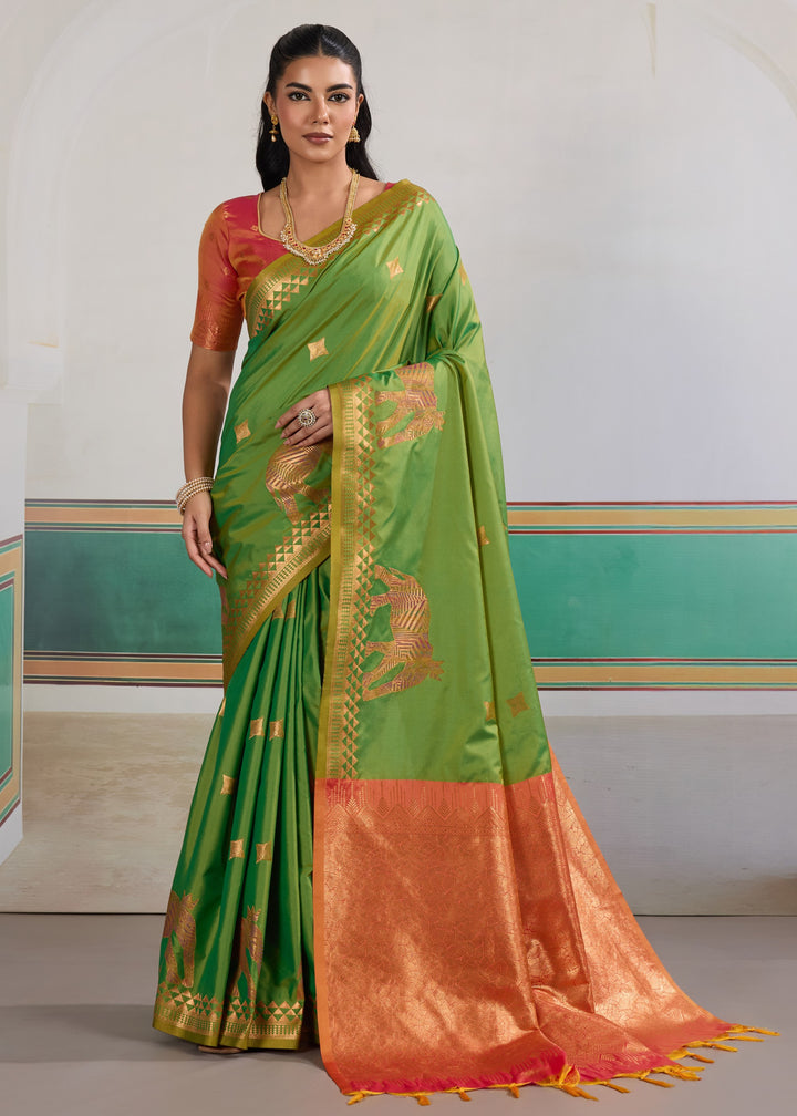 Bright leaf green Pure Silk Saree
