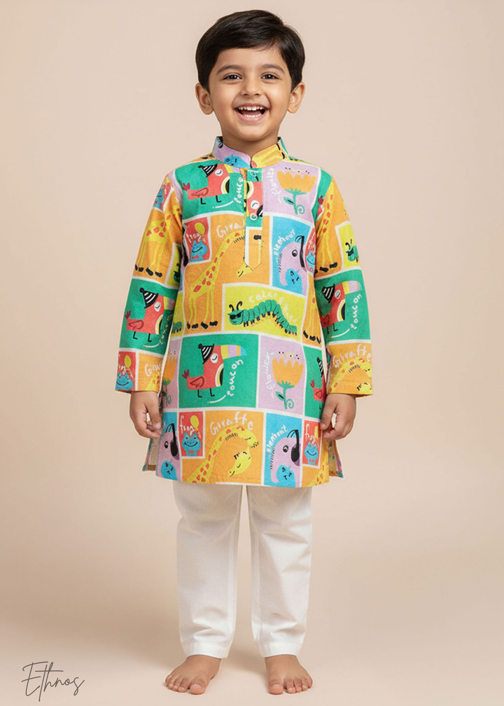 Organic Cotton Printed Multicolor Kurta with Pajama - Zoo