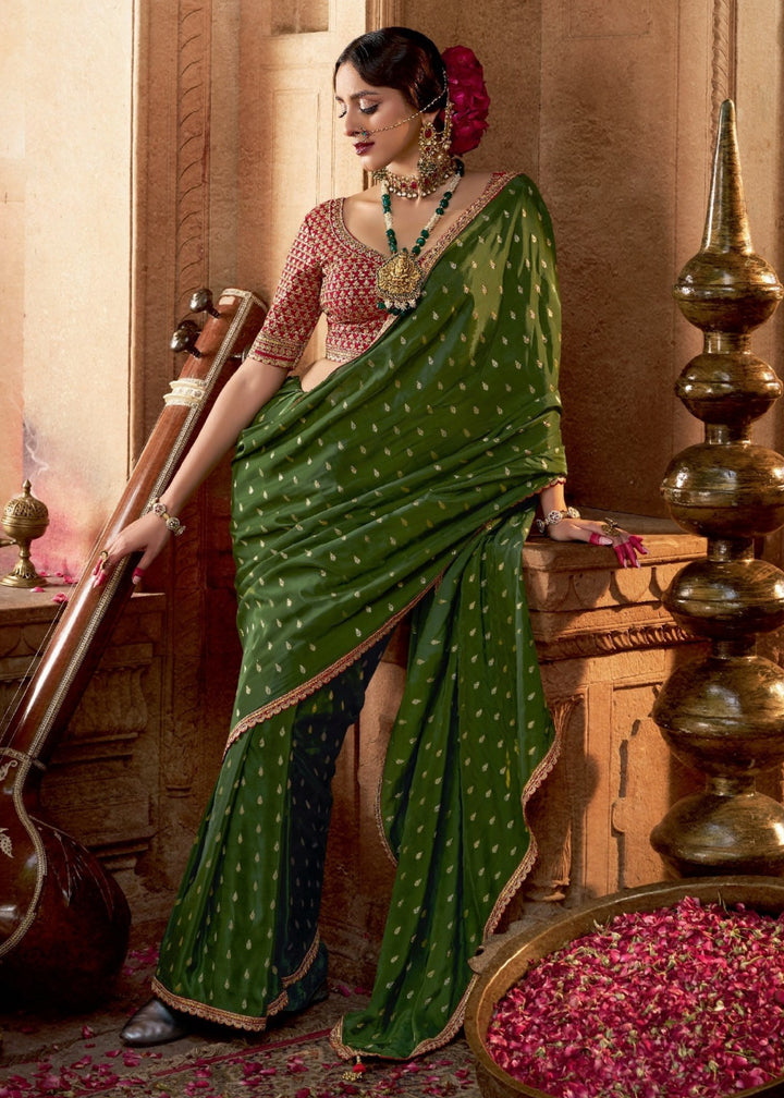 Mehendi Pure Viscous Crepe based fabric with Hand dying & Butti weaving Saree