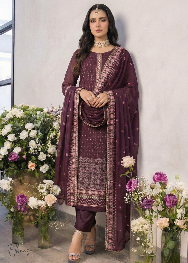 Wine-Plum with Muted Gold Embroidery Pant Suit