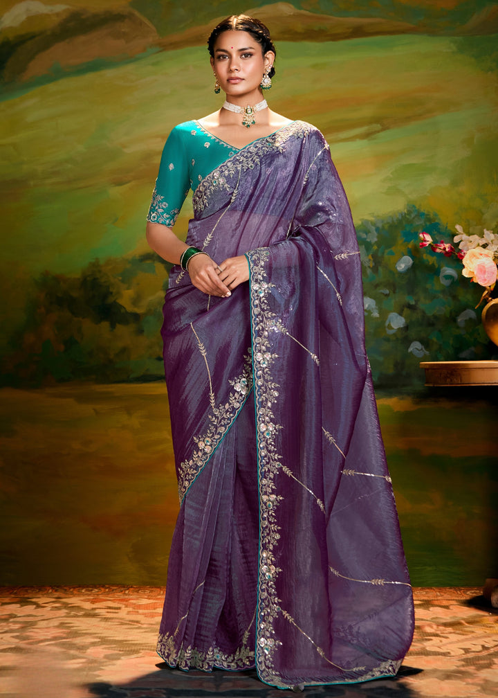 Eminence Purple Saree With Embroidery And Handwork Designer Cut Border