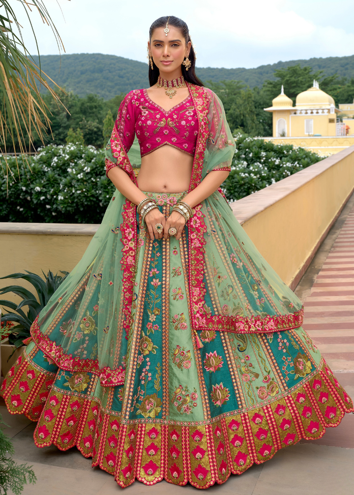 Teal Green And Pink Silk Lehenga With Cut Work Border And Embroidery