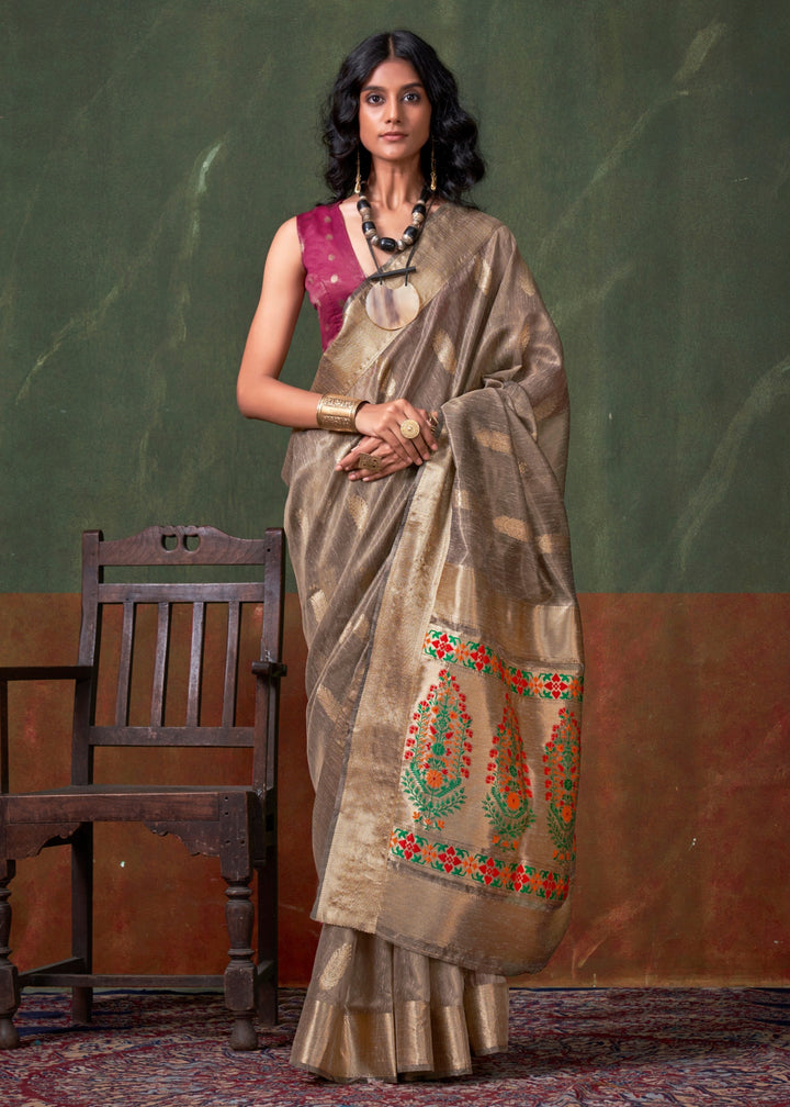 Pastel Brown Paithani Tissue Silk Saree With Zari Work