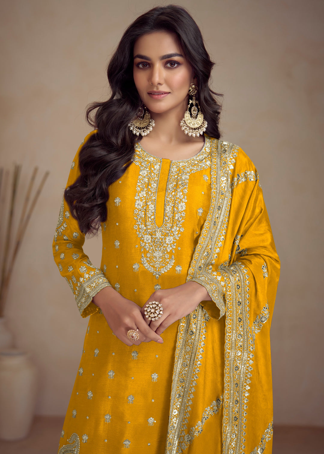 Canary Yellow Embroidered Chinon Silk Plazzo Suit