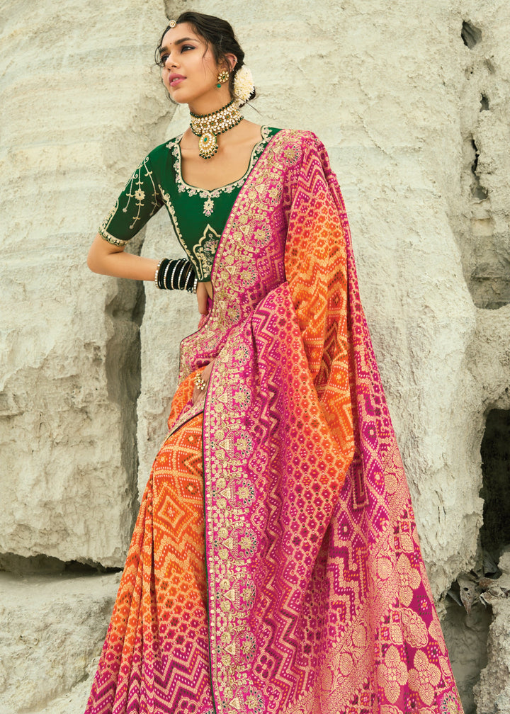 Tangerine Orange & Pink Georgette Bandhej Saree With Moti & Cut-Dana Handwork Border